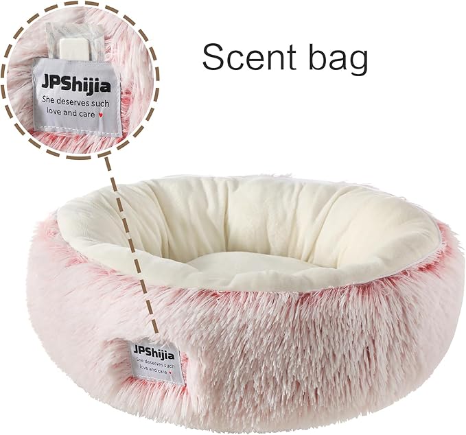 Calming Donut Dog Bed Cat Bed, Fluffy Long Fur Outer & Short Fur Inner, Sweat-Free Cozy Cuddler, Non-Slip Bottom,for Small Medium Dogs Cats Puppy Kitten (Donut Bed - Pink, Large Size 23.6 in)