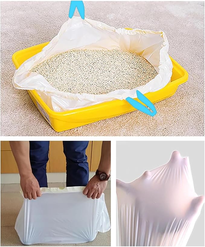 100 Count Cat Drawstring Litter Box Liners 26.6x16.7 inches 2Mils Super Thick for the litter robot 4, 3 Cat Litter Pan Trays (Blue Drawstring 100 count)