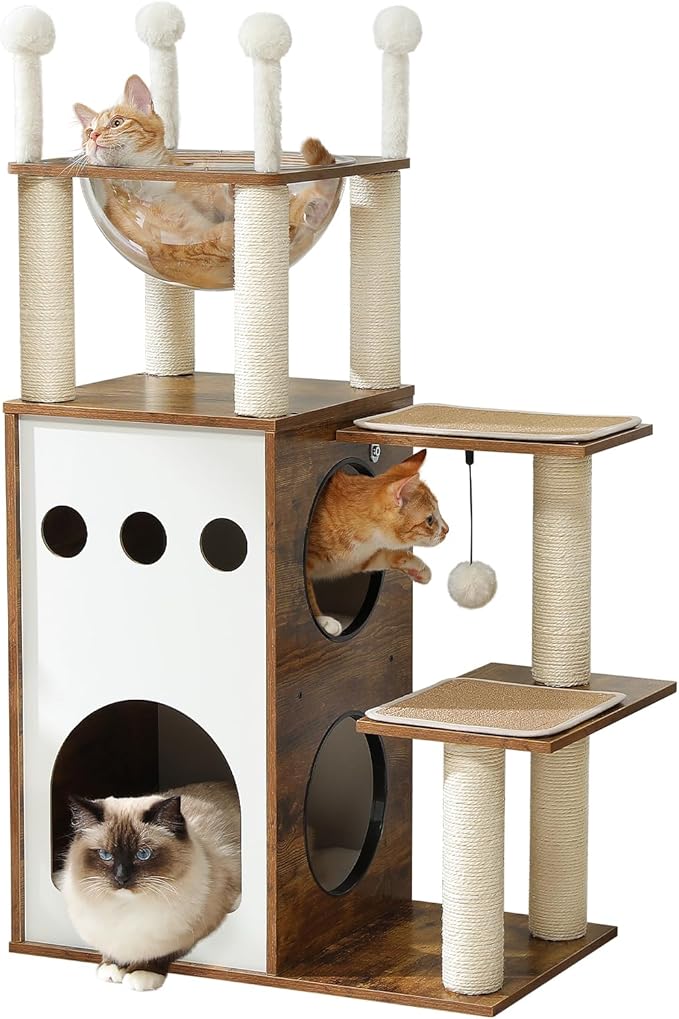 MUTTROS 42.5" Modern Wooden Cat Tree with 2-Story Condo, Scratching Posts, Capsule Nest & Dangling Balls - Sky City Design Indoor Furniture for Cats, Rustic Brown