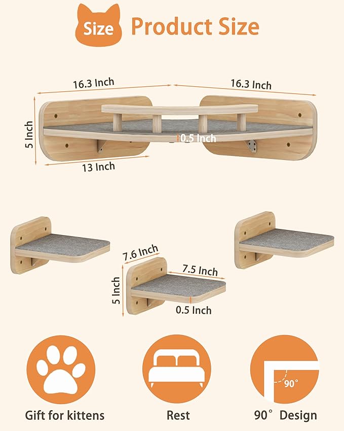 Megidok Cat Wall Furniture - Corner Climbing Shelf with 3 Wide Steps, Modern Floating Stairs for Indoor Cats up to 30 Lbs - Wood Color