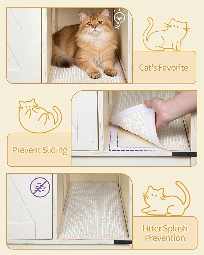 Extra Large Cat Litter Box Enclosure, Hidden Self-Cleaning Litter Box Furniture with Rotating Stand, Farmhouse Cat Cabinet with Power Outlet & Light, Cats House, Rustic White CB86414XV1