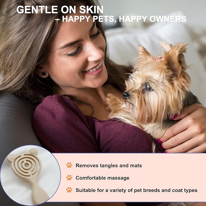 Cat-Ear Design Puppy Brush, Gentle Soft-Bristle Small Dogs Plastic Detangling Grooming Tool, Fit for Yorkie Shih Tzu Maltese Maltipoo (Apricot)