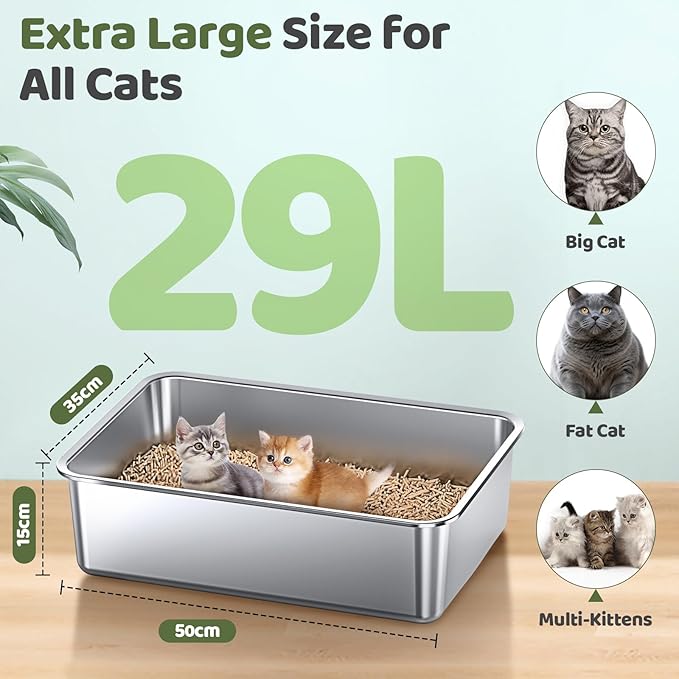 Gimars Extra Large Thicken Stainless Steel Litter Tray - Easy to Clean High Side Rustproof, Never Absorbs Odors Metal Litter Tray for Cats Rabbits