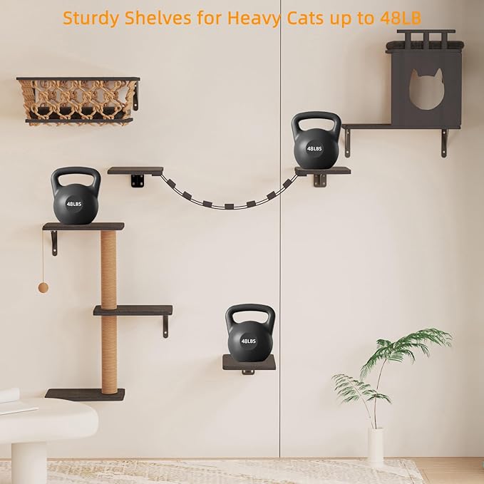 Cat Wall Shelves 5-Piece Set with Hammock, Wall-Mounted Cat Furniture Includes Cat Bridge, Condo, Ladder, Steps for Indoor Cats, Large Cats(Dark Gray)