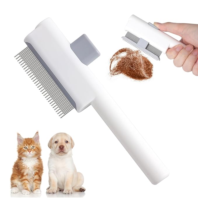 Pet Hair Remover Comb, Cat Brush with Release Button Self-Cleaning Pet Grooming Brush for Shedding Tangles & Removal Loose Hair for Dogs Cats (Long & Short Teeth)