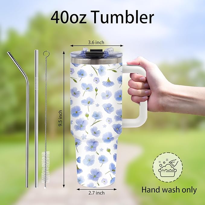 Aesthetic Blue Flower Themed Tumbler 40oz with Handle and Straws, Leak - proof, Stainless Steel Insulated Travel Coffee Mugs for Women, Gifts Birthday Cup