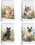 4 Pcs Watercolor Cat Kitchen Towels, Pastoral Flower Decorative Absorbent Microfiber Dish Cloth Tea Towel, Waffle Soft Hand Towels for Farmhouse Home Bathroom Decor, Cat Lover Gifts for Women Friend