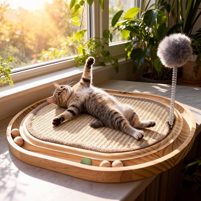 Natural Sisal Cat Scratcher Pad Wooden Interactive cat Toy with Ball Track Springs Ball for Chasing Hunting Physical Exercise Kitten Toys Cat Scratching Mat for Indoor Cats Furniture Protection