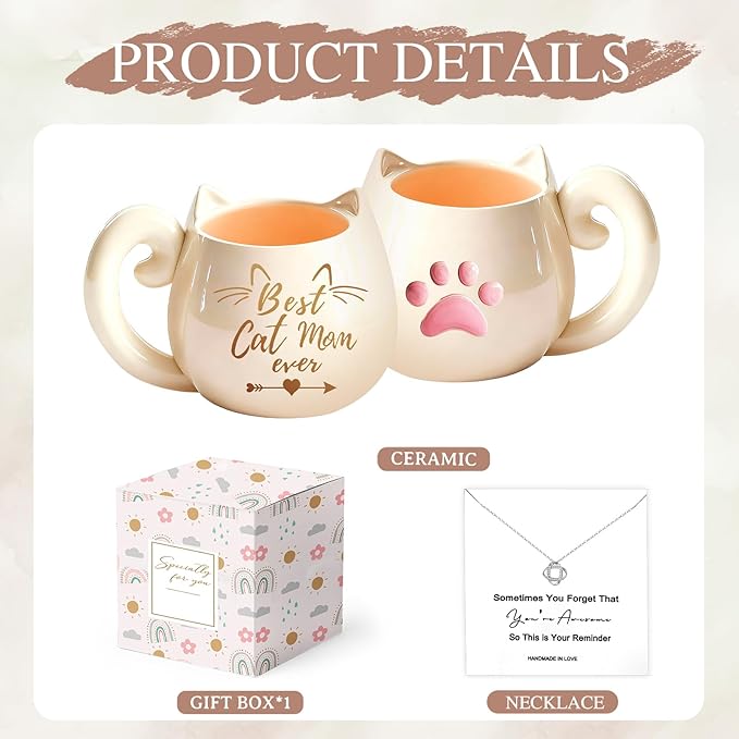 Best Cat Mom Ever Gifts for Women with 11Oz Coffee Mug and Exquisite Necklace, Perfect for Cat Lovers,Ideal for Mother's Day,End of Years Thank You Birthday& Daily Surprises