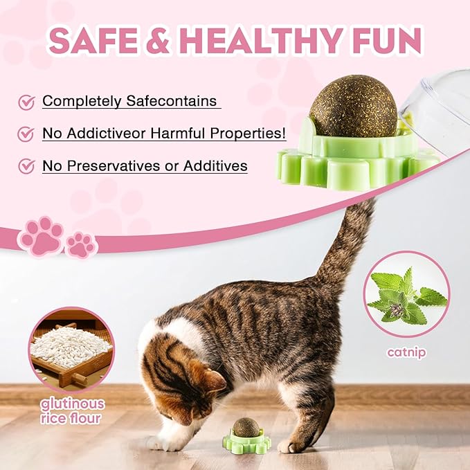 360° 4 Pack Catnip Ball for Cats Wall Mounted with Licking Roller and Spinning Motion - Interactive Treat Toy for Indoor Cats, Promotes Teeth Cleaning, Anxiety Relief and Active Play