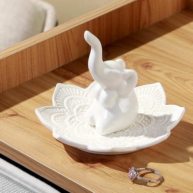 White Elephant Ring Holder with Mandala Jewelry Dish, Boho Decor, Jewelry Holder for Rings Earrings Bracelets, White Elephant Gifts for Adults, Mothers Day Christmas Birthday Gifts for Women
