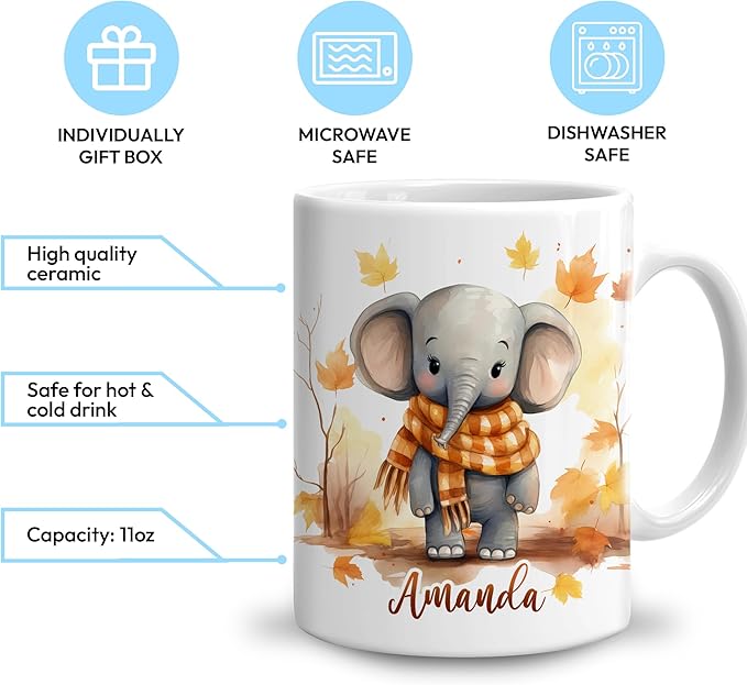 Hyturtle Personalized Fall Elephant Maple Leaves Coffee Mug - Birthday Gifts For Elephant Lovers - Fall Autumn Decor Gifts For Farmhouse Thanksgiving - Custom Name 11oz White Ceramic Coffee Tea Mug