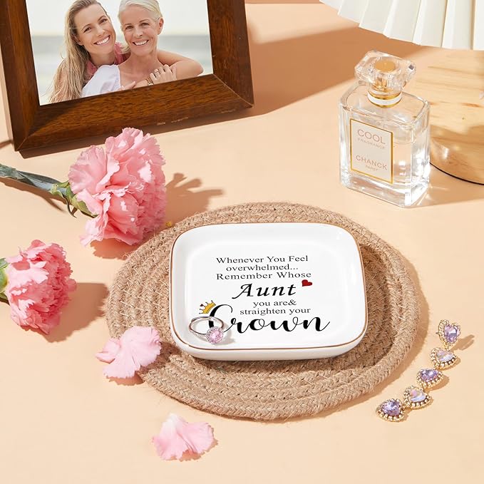 PUDDING CABIN Aunt Gifts from Niece Nephew - Straighten Your Crown Ceramic Jewelry Dish, Best Aunt Gifts for Birthday Mother's Day, Pregnancy Announcement Auntie Gift Trinket Tray