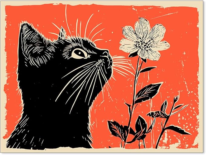 OMANI Black Cat Posters Vintage Animal Botanical Wall Art Cute Cat Sniffing Flower Canvas Painting Gift For Cat Lover Living Room Gallery Wall Decor 12x16 inch Unframed