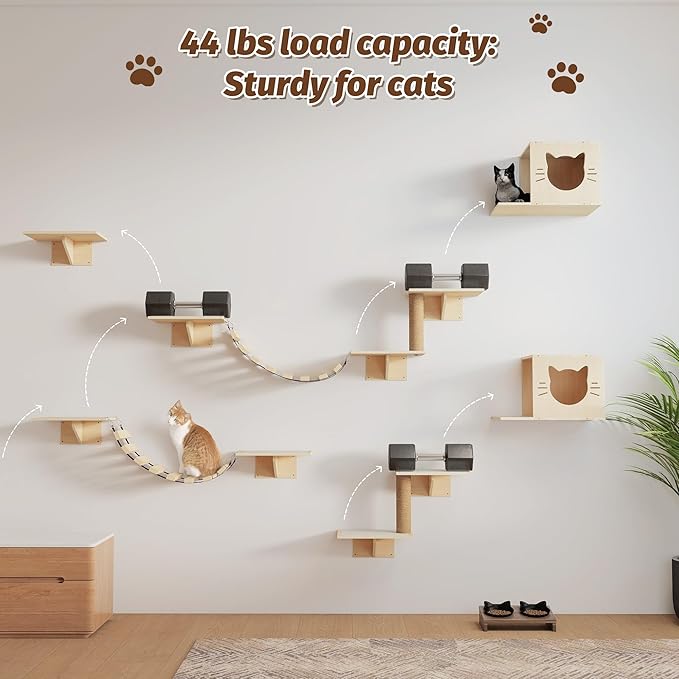 COZIWOW Cat Wall Shelves, 8-In-1 Cat Wall Furniture Set, Wood Large Cat Shelves for Wall with Scratching Post, Indoor Cat Climbing Wall Activity Center for Climb, Play, Rest, and Scratch, Natural Wood