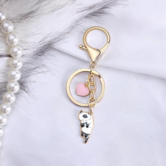 Lazy Cat Pink heart Keychain Fun Cartoon Kitten Cute Key Ring for Animal Key Chain Girl Birthday