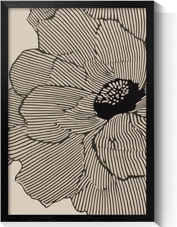 Abstract Black and Beige Flowers Canvas Wall Art, Neutral Floral Lines Poster, Modern Minimalist Floral Wall Decor, Boho Botanical Sketch Art Print for Living Room Bedroom 16x20in Framed