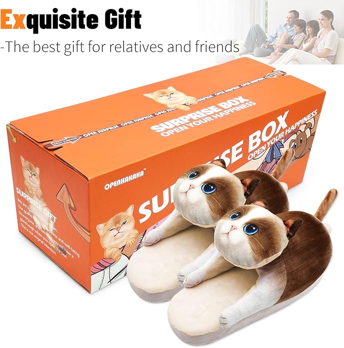 Funny Cat Slippers for Women,Fuzzy Animal Indoor House Shoes with Soft Memory Foam,Comfy Plush Warm Slip-on Slippers,Cat Gifts for Cat Lover