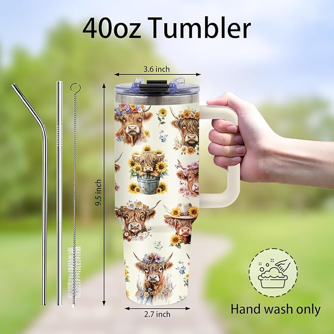 Highland Cow Gifts - Yak Tumbler 40oz with Handle and Straws, Leak-proof, Stainless Steel Insulated Coffee Mugs for Western Farm Lovers Cups, Highland Cows Drinking Water Bottle