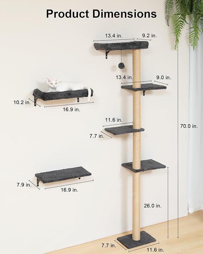 FUKUMARU Cat Wall Shelves, Stable Wall Mounted Cats Furniture Set, Kitten Scratching Post with Soft Cushion Perch, Space Saving Climbing Wall for 16 Inch Drywall - Gray