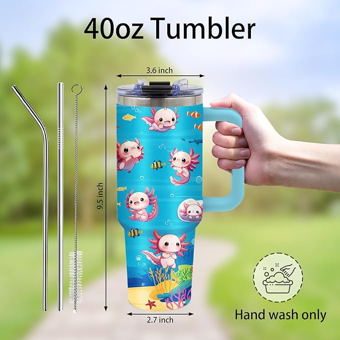 Axolotl Gifts for Girls - 40oz Tumbler with Straw & Handle, Axolotl Stainless Steel Insulated Tumbler, Leak Proof, BPA-Free,Adorable Ocean Animal Mug Cup for Sports, Travel, Birthday Gifts Cup