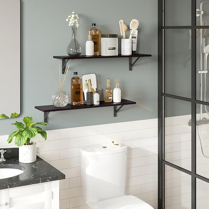 DINZI LVJ Long Wall Shelves, 23.6 Inch Wall Mounted Shelves Set of 2, Easy-to-Install, Storage Ledges with Sturdy Metal Brackets for Living Room, Bathroom, Bedroom, Kitchen, Espresso