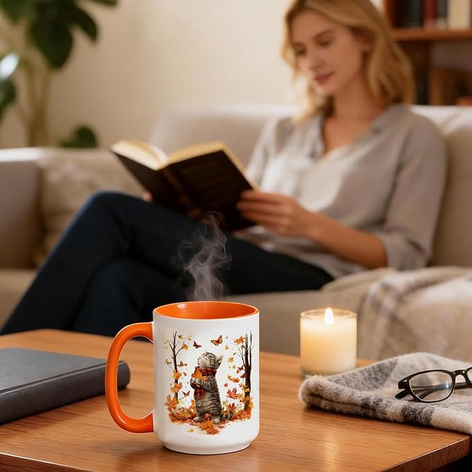 Cute Cat Coffee Mug for Cat Lovers, Fall Maple Leaf Kitten Mug, 15oz White Large Ceramic Tea Cup with Orange Handle, Ideal for Hot & Cold Drinks, Fun Novelty Gift for Women and Coworkers
