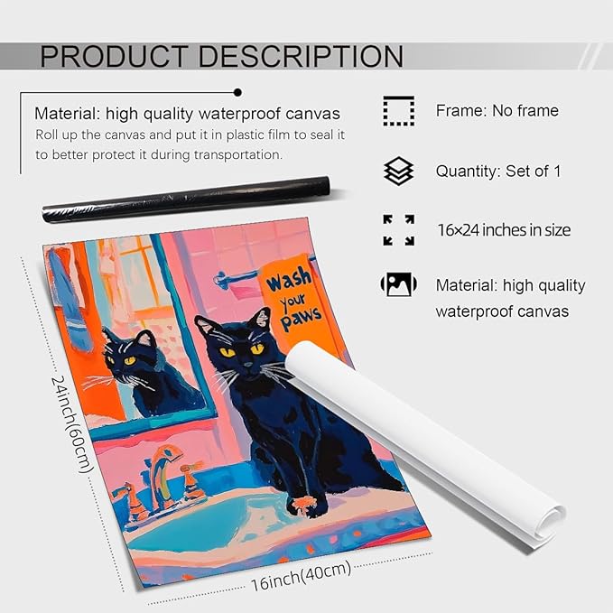 OMANI Black Cat Wash Your Paws Fun Wall Art Funky Colorful Bathroom Animal Poster Playful Kitsch Dopamine Aesthetic Canvas Pictures for Bathroom Wall Decor 16x24 inch Unframed