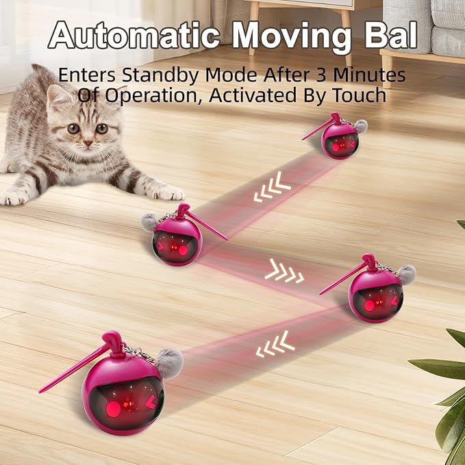 Interactive Cat Toys for Indoor Cats, Automatic Motion Activated Kitten Ball Toy, Moving Stimulation Cat Toys for Bored Indoor Adult Cats, Low Noise Fast Rolling Moving Ball (Rose Red)
