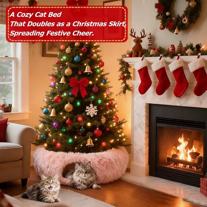 Cat Tunnel Bed Under Christmas, Luxury Donut Cat House Xmas Tree Skirt Tunnel Bed with Washable Cushion, Two-Entry Peekaboo Round Christmas Kitty Donut for Kitten Puppy Rabbit Ferret