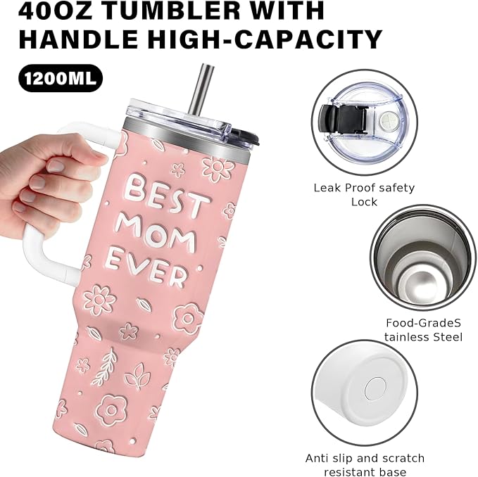 40oz Best Mom Tumbler with Handle and Straw, Leak-proof Insulated Travel Coffee Mug, Best Mom Ever Gifts for Women, Christmas Birthday Mothers Day Present from Daughter Son