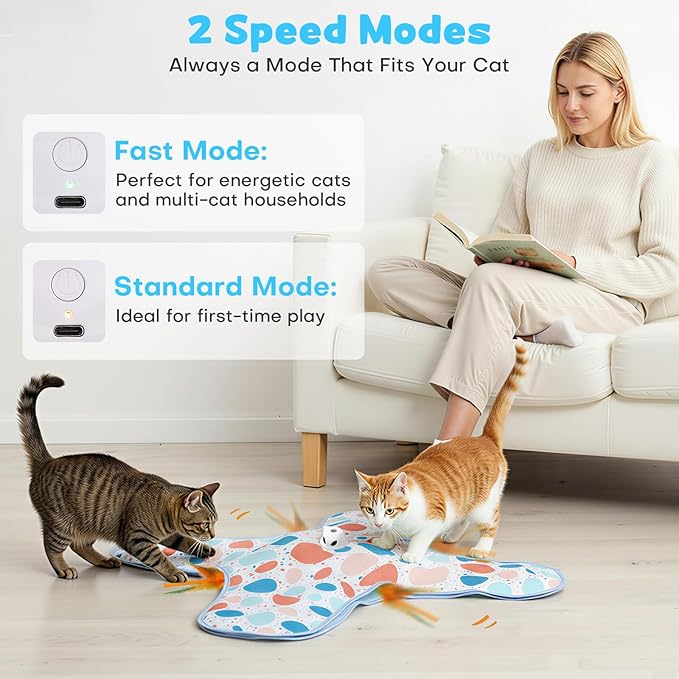 Interactive Cat Toys, Hide and Seek Cat Toy, 2 in 1 Automatic Moving Concealed Feathers for Indoor Cats, Non-Slip Suction, Touch Activated, USB Rechargeable, Blue
