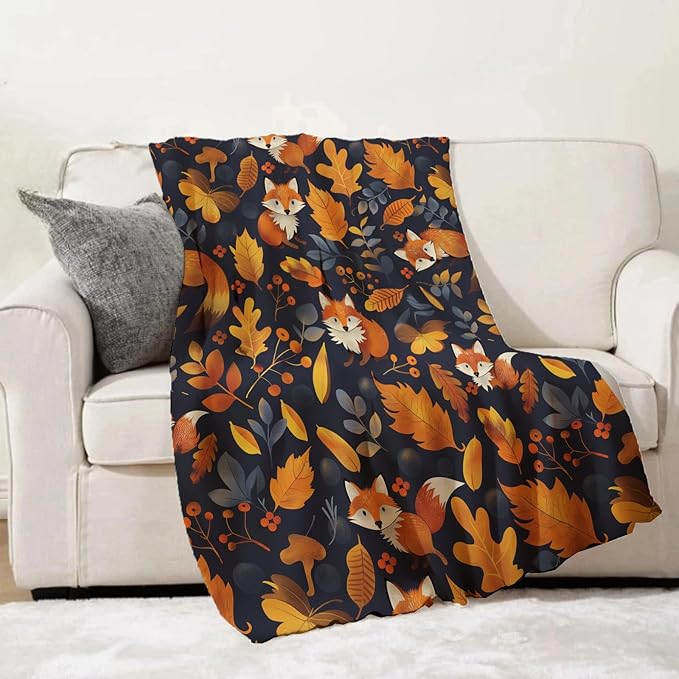 Autumn Fox Blanket Gifts - Fall Leaves and Fox Cozy Fleece Throw Blankets - Perfect for Autumn Decor, Nature Lovers, and Cozy Nights - 50x60 Inches