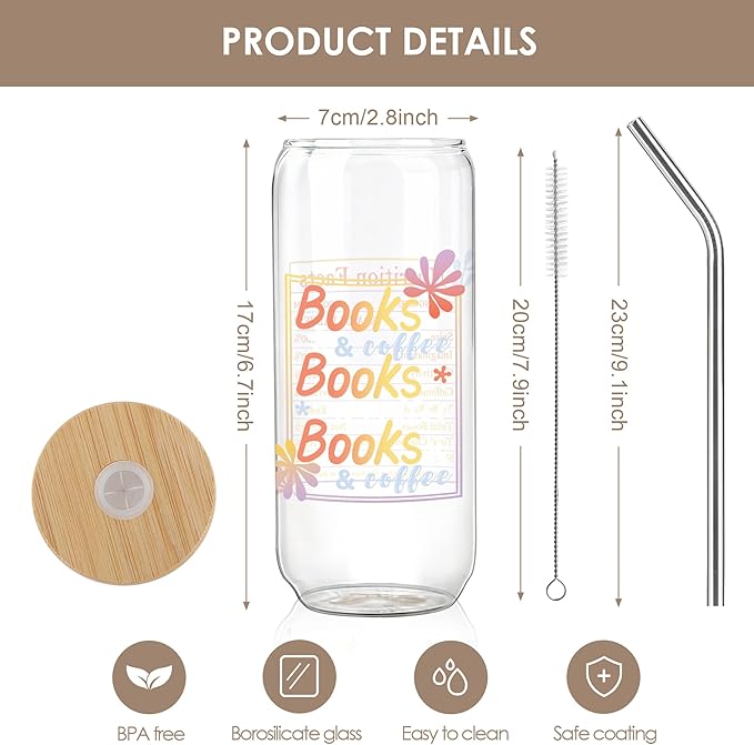 Joeyan Glass Cups with Lids and Straws - 20oz Iced Coffee Cup, Books Coffee Lover Glass Tumbler, Aesthetic Reading Drinking Glasses for Smoothie Boba Tea, Book Lover Gift for Women, Reader, Friend