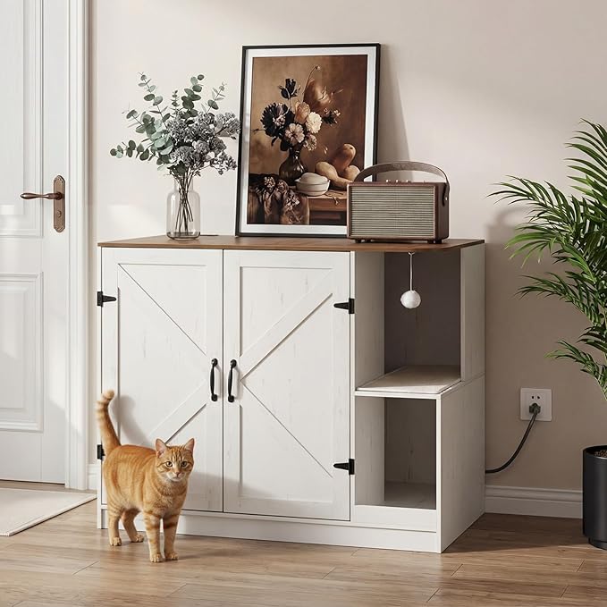 HOOBRO Farmhouse Cat Litter Box Enclosure, Automatic Cat Litter Box Cabinet with Charging Station, Hidden Cat Furniture with Hanging Ball & Sisal Mat, Tabletop & Hook, White and Walnut WH88UMW01