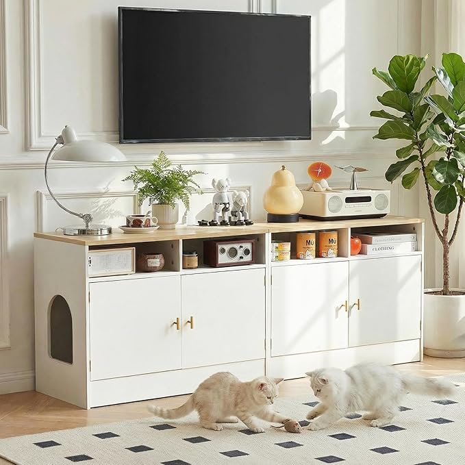 Cat Litter Box Enclosure for 2 Cats, TV Stand with Storage & Outlet, 63" Double Litter Box Enclosure Furniture, Wooden Enclosed Litter Box Cabinet, 63”L x 15.7”W x 23.6”H, White & Wood