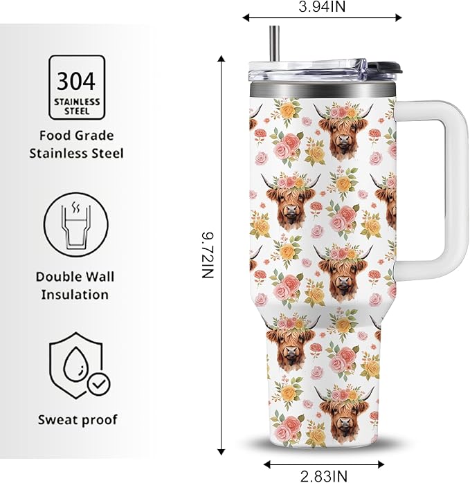 Highland Cow Tumbler 40oz, Cow Gifts for Woman for Cowgirls, Farming Gifts for Female Farmers for Cowgirl, Floral Cup Highland Cows Gift Travel Insulated Stainless Steel Coffee Travel Mug