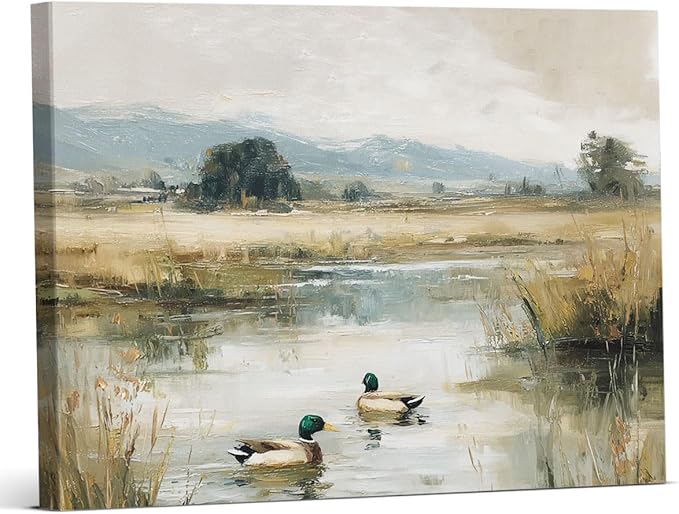 Rustic Mallard Duck Canvas Wall Art Vintage Pond Landscape Print Painting Cottagecore Wall Decor for Farmhouse Home Living Room 8x10 Inches Framed