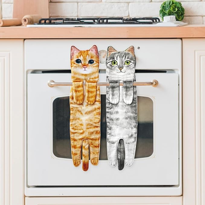 Funny Hand Towels for Bathroom Kitchen Decor - Cute Cat Hanging Hand Towel Kitchen Gadgets - Unique Housewarming Birthday Christmas Cat Lover Gift Ideas for Women Mom Lady Adults