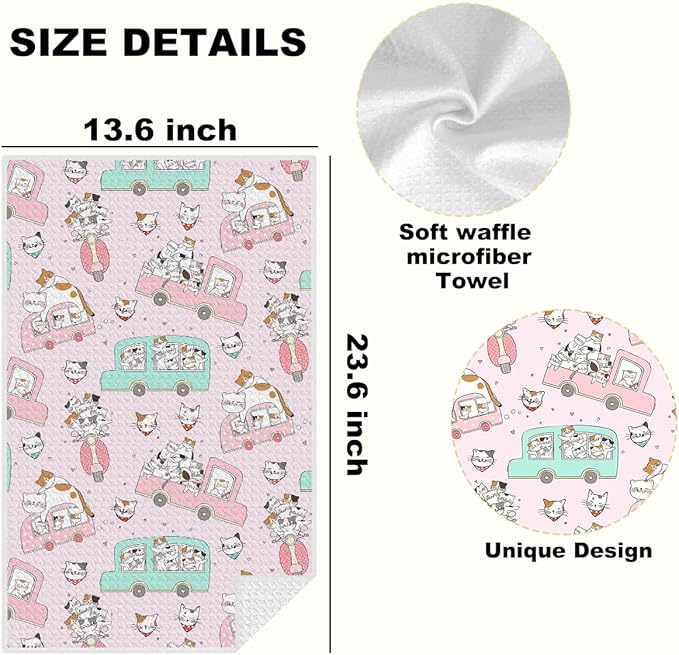 Lovdazzles 4 Pcs Cute Cat Kitchen Towels, Pastel Decorative Absorbent Microfiber Dish Cloth Tea Towel, Naughty Cats Waffle Soft Hand Towels for Farmhouse Home Bathroom Kitchen Decor, Cat Lover Gifts