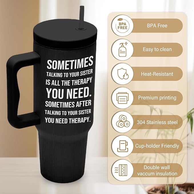 Sisters Gifts Sometimes Talking to Your Sister ls All the Therapy You Need, 40 Oz Friendship Tumbler For Women, Best Sisters Friends Tumbler With Handle, Birthday Gifts For Women Bestie Best Friends