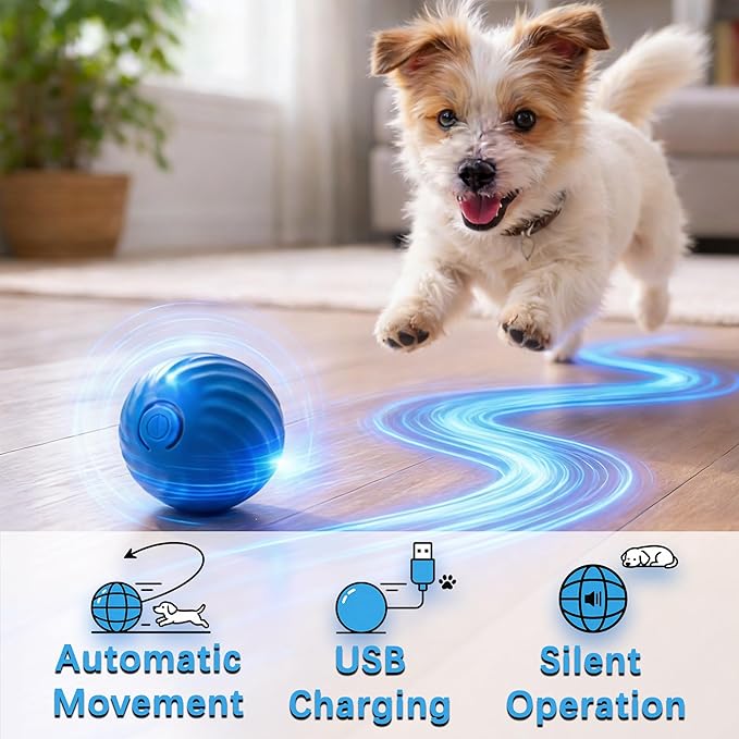 Interactive Dog & Cat Toy Ball, Automatic Moving Pet Toy for Small & Medium Dogs and Cats, USB-C Rechargeable Rolling Indoor Dog Toy for Boredom Relief