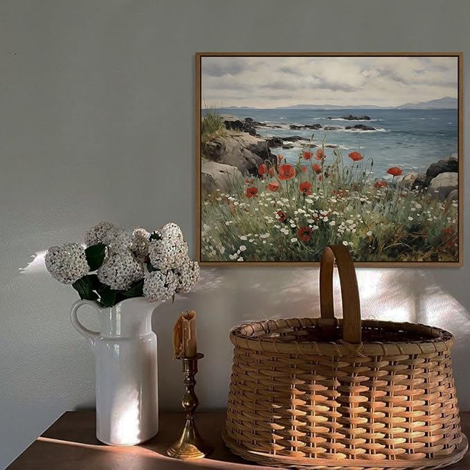 Nature Landscape Wall Art Floral Ocean Theme Pictures Wall Decor Red Poppy Canvas Prints Shoals Coastal Scenery Painting Framed for Living Room Bedroom Bathroom Home Office Decoration Gifts, 8x10 Inch