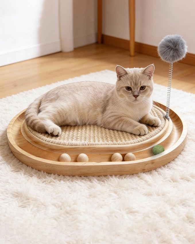 Natural Sisal Cat Scratcher Pad Wooden Interactive cat Toy with Ball Track Springs Ball for Chasing Hunting Physical Exercise Kitten Toys Cat Scratching Mat for Indoor Cats Furniture Protection