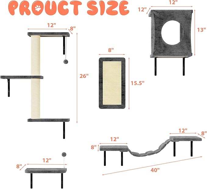 10 Pcs Cat Wall Shelves Set, Wall-Mounted Climber with Cat House, Scratching Post, Bridge, Hammock, Space-Saving Play Furniture, Grey