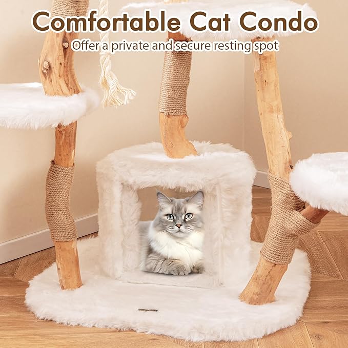 Tangkula Solid Wood Cat Tree, Modern Wooden Cat Tower with Jute Scratching Posts, Perch, Condo, Sisal Rope, Dangling Ball, Soft Long Plush, 66 Inch Tall Cat Tree Tower for Indoor Cats Large Adult