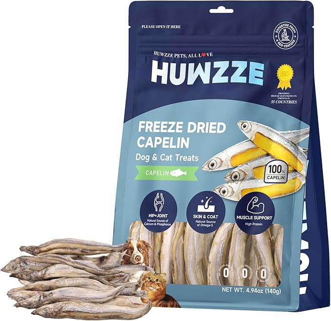 Freeze Dried Capelin Treats for Dogs & Cats, Single Ingredient Pet Fish Snacks, High Protein, Rich in Omega-3 for Skin Coat Health, Grain Free, 4.94 oz