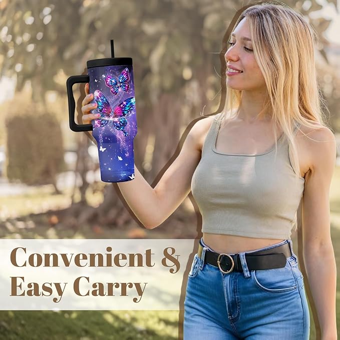 Butterfly Gifts For Women, Butterfly Cup Leak Proof Tumbler With Handle 40 Oz, Birthday Christmas Gifts For Women Girl Wife, Purple Gem Bling Cup, Christmas Travel Coffee Tumbler