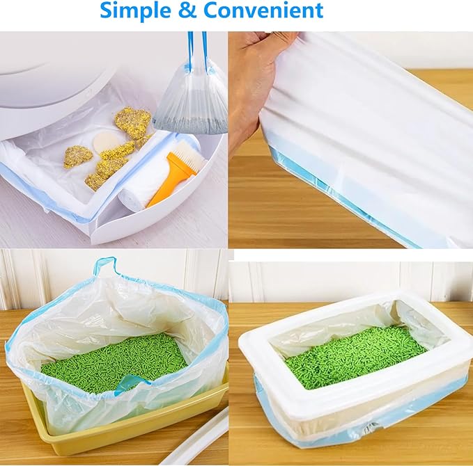 40 Count Cat Drawstring Litter Box Liners 26.6x16.7 inches 2Mils Super Thick for Self-Cleaning Litter Box Cat Litter Pan Trays (Blue Drawstring 40 count)