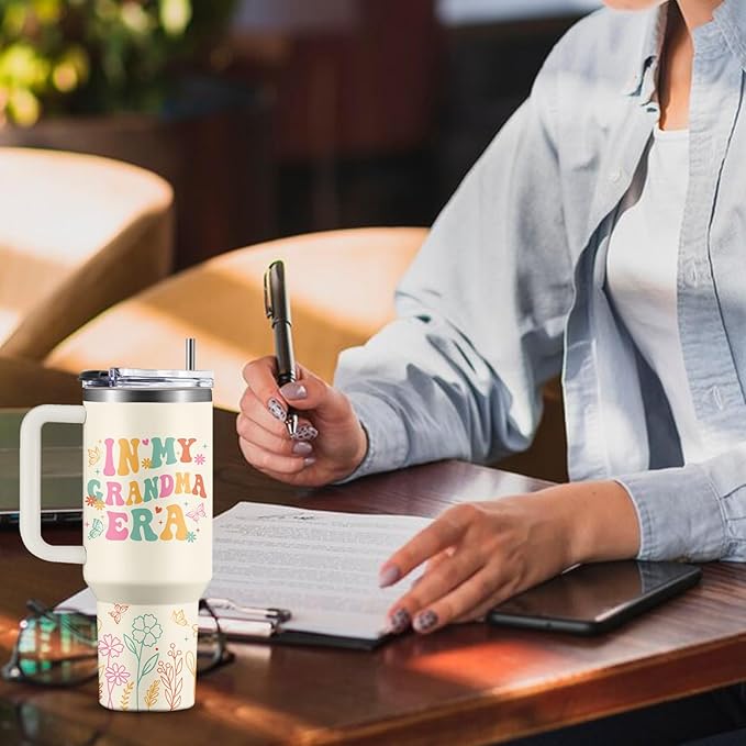 In My Grandma Era Tumbler 40oz - Insulated Stainless Steel Cup with Handle & Straw - Funny Gift for New Grandma, First Time Grandmas, Cool Grammy - Christmas, Birthday Gift for Her